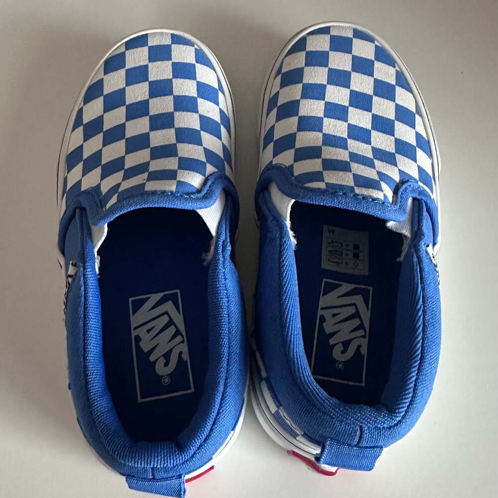 Vans Kids Checkerboard Slip-On Sneakers in Blue and White
